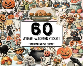 Imágenes prediseñadas de pegatinas vintage de Halloween: troquelados retro de Halloween, efímeros vintage, PNG imprimible de truco o trato, arte de terror espeluznante