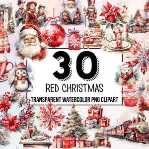 Red Christmas Digital Clipart Pack, Traditional Christmas Decor, Digital Planner, Junk Journaling, Watercolor, Commercial Use, Sublimation