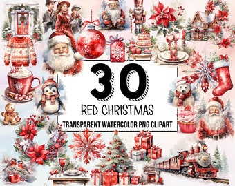 Red Christmas Digital Clipart Pack, Traditional Christmas Decor, Digital Planner, Junk Journaling, Watercolor, Commercial Use, Sublimation