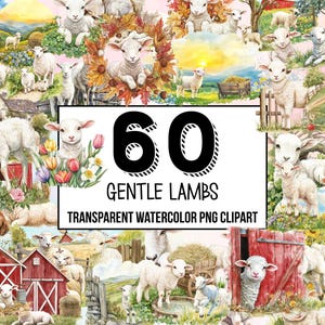 Gentle Lambs Watercolor Clipart, Lamb PNG, Cute Baby Lamb Graphics, Adorable Lamb Clipart, Lamb Printables, Festive Lamb Illustrations
