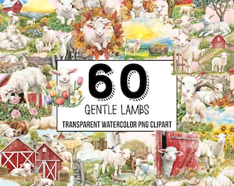Gentle Lambs Watercolor Clipart, Lamb PNG, Cute Baby Lamb Graphics, Adorable Lamb Clipart, Lamb Printables, Festive Lamb Illustrations