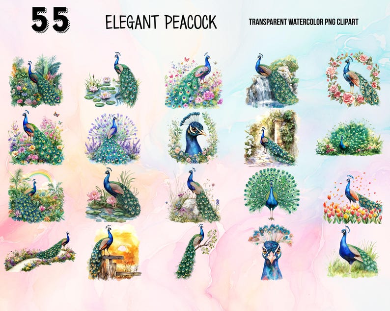 May include: A set of 55 watercolor illustrations of peacocks in various poses and settings. The peacocks are depicted with vibrant blue, green, and gold colors. Some peacocks are shown with their feathers spread out, while others are shown with their feathers closed. The illustrations are perfect for adding a touch of elegance to any project.