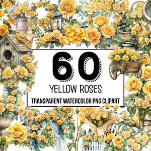 Yellow Roses Watercolor Clipart - Elegant Floral Bouquets, Single Rose PNGs, Wedding Decor, Boho Watercolor Flowers for Crafts & More