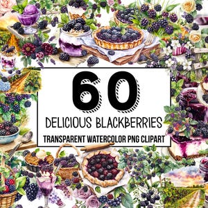 Delicious Blackberries Clipart watercolor blackberry fruit png, jam, pie, cupcake, dessert clipart, digital download for commercial use