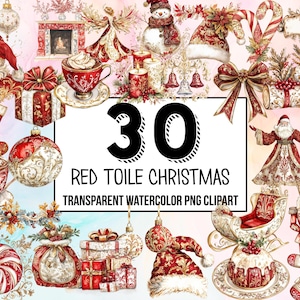 Red Toile Christmas Clipart Pack, Traditional Christmas Decor, Digital Planner, Junk Journaling, Watercolor, Commercial Use, Sublimation