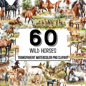 Wild Horses Watercolor Clipart - Horse Silhouette, Running Horses, Equestrian Art, Nature Clipart, Instant Download PNG