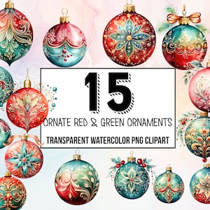 Red & Green Ornaments Clipart Pack, Traditional Christmas Decor, Digital Planner, Junk Journaling, Watercolor, Commercial Use, Sublimation