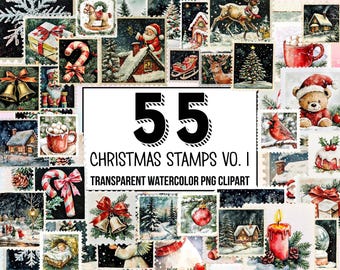 Christmas Stamps Vol. 1 Clipart Pack, Traditional Christmas Decor, Digital Planner, Junk Journaling, Watercolor, Commercial Use, Sublimation