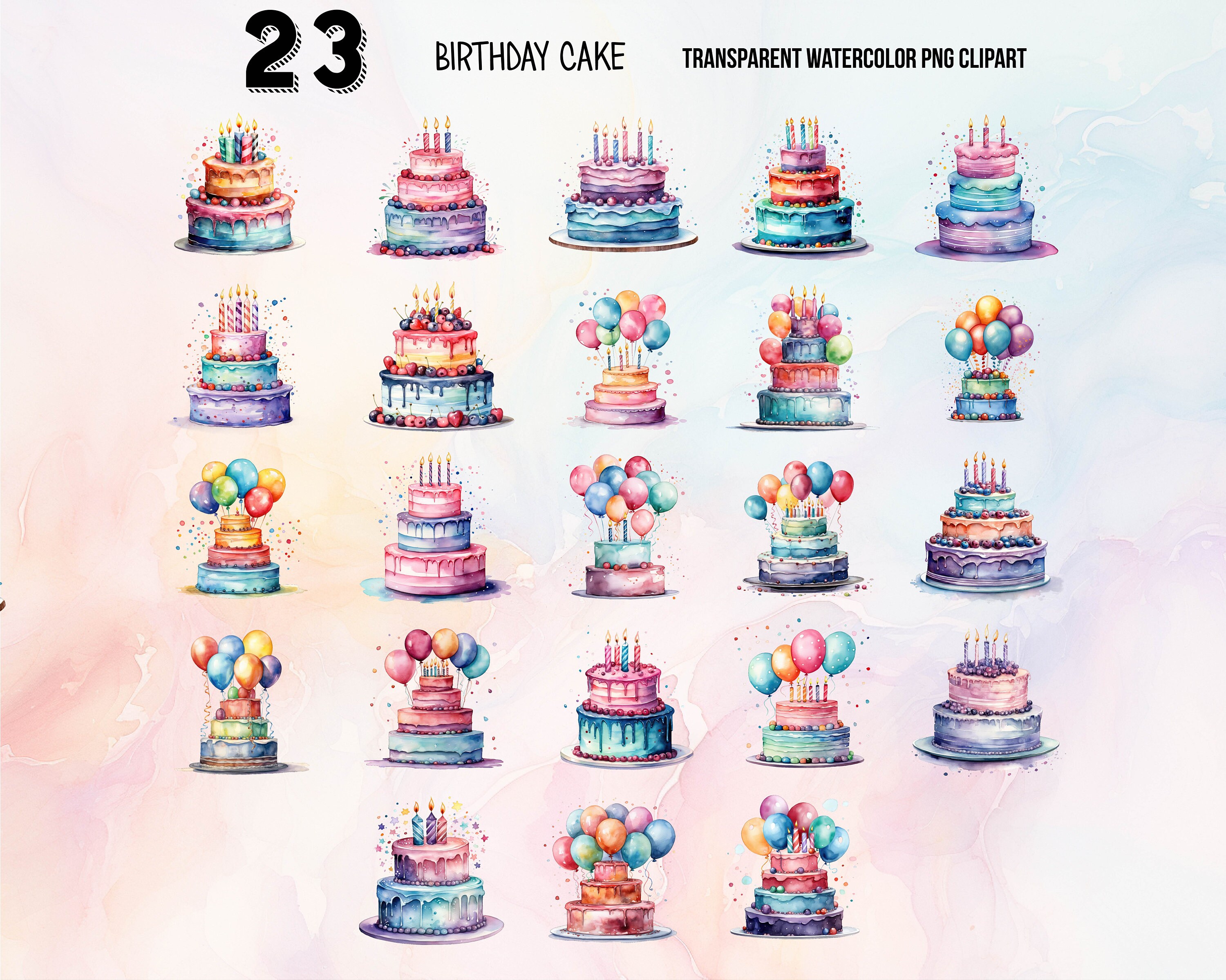 Birthday Cake Watercolor Clipart Set - Watercolor Cake Clipart ...