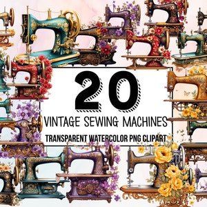 Vintage Sewing Machine - Watercolor Sewing Clipart - Antique Sewing Illustrations - Downloadable Prints - Retro Craft Art