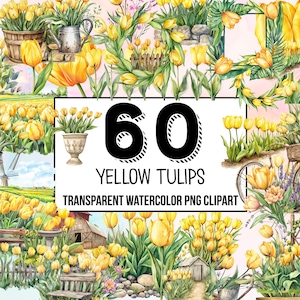 Yellow Tulip Watercolor Clipart, Floral Tulip Bouquet, Spring Tulip PNG, Watercolor Dutch Tulip Clipart, Botanical ClipArt for Wedding Decor