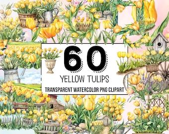 Yellow Tulip Watercolor Clipart, Floral Tulip Bouquet, Spring Tulip PNG, Watercolor Dutch Tulip Clipart, Botanical ClipArt for Wedding Decor