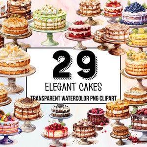 Elegant Cake Clipart Set - Watercolor Dessert Illustrations - Artistic Pastry Art - Downloadable Prints - Sophisticated Food Decor