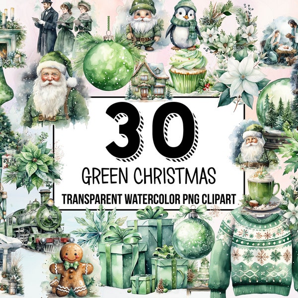 Green Christmas Digital Clipart Pack- Green and White Watercolor Illustrations - Holiday Art - Downloadable Prints - Natural Christmas Decor