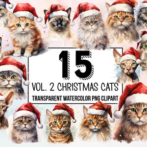 Vol. 2 Aquarell Clipart Paket mit 15 Katzen, die eine Weihnachtsmannmütze tragen, digitaler Planer, Junk Journaling, Aquarell, kommerzielle Nutzung, Sublimation