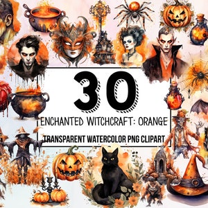Enchanted Witchcraft Orange Halloween Watercolor Clip Art Pack, Watercolor Clipart, Spooky Holiday Illustrations, Retro Halloween Decor