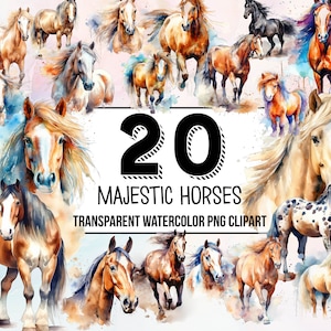 Majestic Horses Watercolor Clipart - Elegant Equine Illustrations, Majestic Horses Clipart Pack, Digital Horse Illustrations