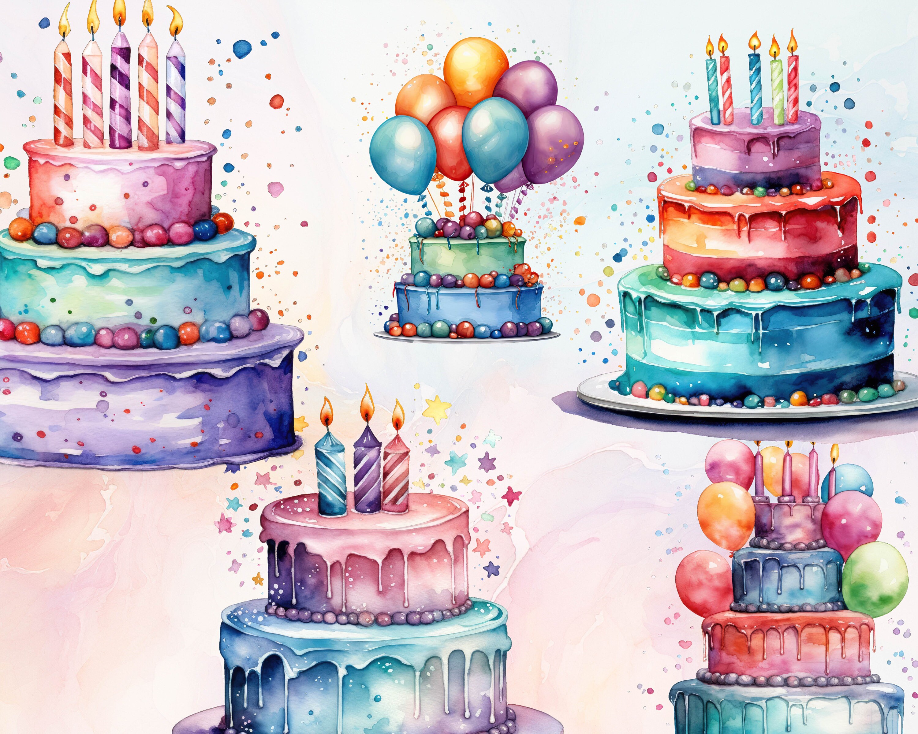 Birthday Cake Watercolor Clipart Set - Watercolor Cake Clipart ...