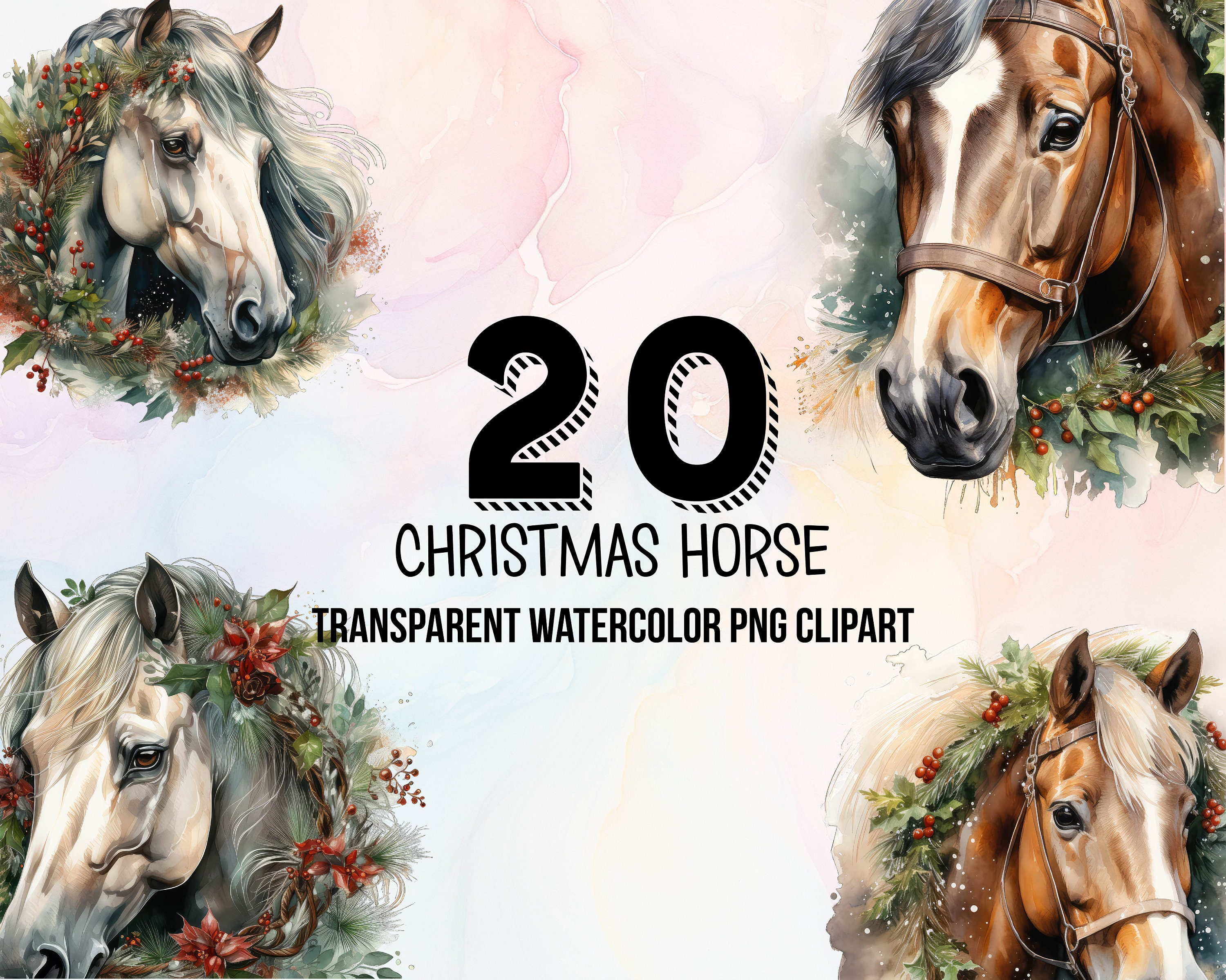 Christmas Horse Clipart Digital Clipart Pack Horse Watercolor ...