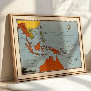 Carte de l'Asie du Sud-Est et du Pacifique Sud-Ouest de 1944 | Louise E. Jefferson | Géographie Art | Cartes anciennes | Affiches de classe | Îles Salomon