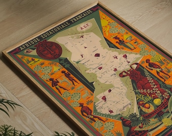 1950 Pictorial Map of Equatorial Africa | Gabon | Chad | Central African Republic | Archival Map of Afrique | Classroom Poster | Fine Art
