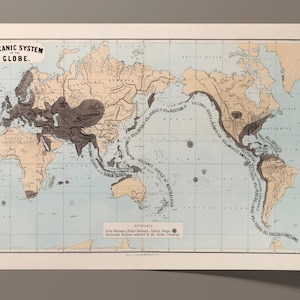 1862 Vintage Vulkanische Weltkarte | James Reynolds Globe Geologie Druck | Antike Wissenschaft Wandkunst