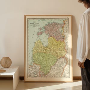Mapa państw bałtyckich z 1926 r. | Archiwalna mapa Łotwy, Litwy, Estonii, Niemiec | Mapa Morza Bałtyckiego | Geografia | Plakat do klasy | Łotwa
