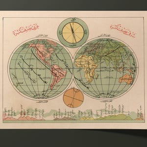 1927 年 二重半球アトラス地図 | ヴィンテージ イクバル クトゥパネーシ世界地図 | オスマン帝国の地図作成壁アート