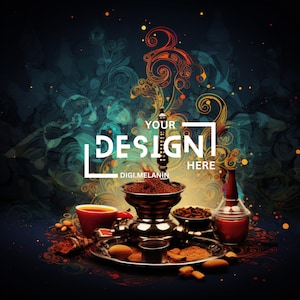 May include: A vintage-style metal grinder with spices and a red cup on a dark blue background. The grinder has a wooden handle and a metal bowl filled with spices. The text "YOUR DESIGN HERE" is written on a white rectangle above the grinder. The text "DIGI.MELANIN" is written below the grinder.