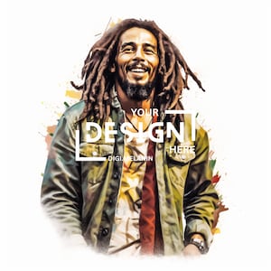 May include: Digital art portrait of a smiling person with dreadlocks, wearing a green jacket and a patterned shirt. The image has a white background with colourful paint splatters. Text in a white box reads "YOUR DESIGN HERE" and "DIGI.MELANIN".