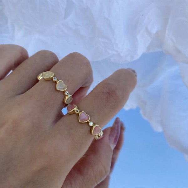 Minimalist Gold Heart Ring, Dainty Pink Heart Ring, Adjustable CZ Promise Ring, Valentine's Day Gift Present, Elegant White Rhinestone Ring