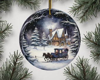 ceramic ornaments, 1pc 3pc 5pc 10pcc Christmas ornaments, Loge cabin in snow, Hores carriage, Durable, double sided, Christmas, Glossy