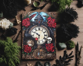 Diario con copertina rigida gotico Steampunk, taccuino gotico, teschio e rose, diario del teschio, regali per ragazze, regalo per adolescenti, copertina rigida dell'orologio