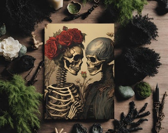 Carnet à couverture rigide, Jour des morts, romance, journal tête de mort, couple squelette, journal squelette, roses, fleurs, journal de couple, privé