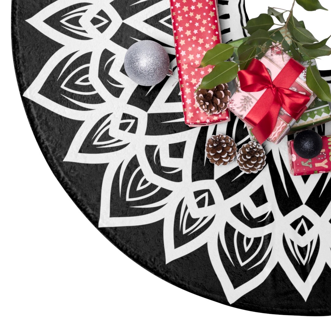 Black and White Striped Gothic Christmas Tree Skirt, Tree Skirt, Black Black And White Christmas Tree Skirt