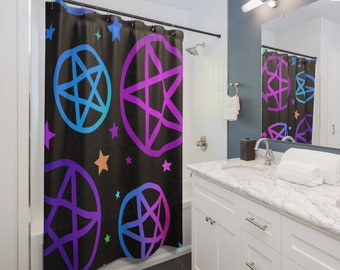 Coloré, pentacle, occulte, salle de bain, rideau de douche, vibrant, rideau coloré, décoration de salle de bain, sorcellerie, design pentacle,