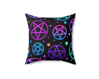 Pentacle coloré, motif pentagramme, coussin, petit oreiller, polyester, noir, vibrant, oreiller coloré, oreiller pentagramme, motif