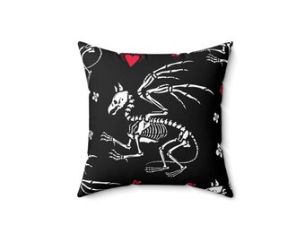 Coussin en os de dragon, squelette, dragon en os, sombre, fantastique, mystique, coeurs, amour, petit coussin, polyester, 4 tailles