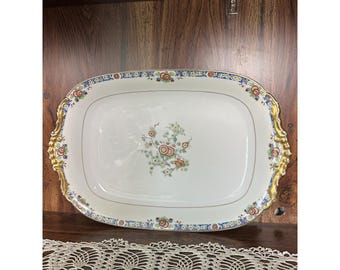 Antique Limoges Vignaud Porcelain Oval Serving Platter | Floral Gold Trim Tray