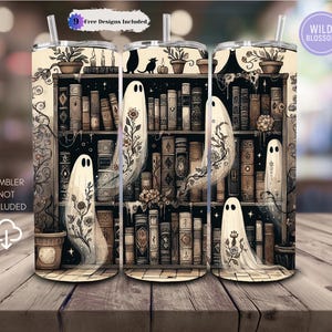 May include: A tumbler featuring a whimsical design of a bookshelf with books, potted plants, and ghosts. The design includes the text "9 Free Designs Included" and "Wild Blossom". The tumbler is shown on a wooden surface.