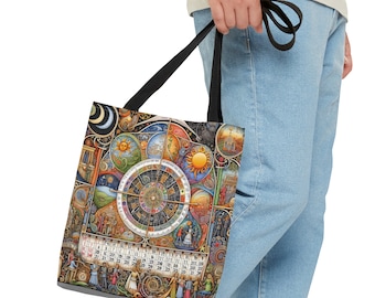 Celestial Calendar Tote Bag; Astrological Solar Lunar, Unity of the People, At One With The Universe; Gift for Loved One or Friend