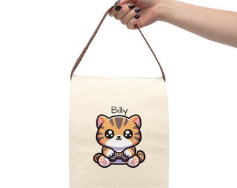Gepersonaliseerde Kawaii Tiger Cat spelen videogame canvas lunchtas met riem; Jongen meisje lunchzak cadeau, snacktas, bruine papieren zak
