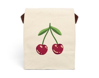 Vintage Cherries on Canvas Lunch Bag With Strap; Cool Retro Lunch Sack; Brown Paper Bag; Father's Day, Mother's Day GIft
