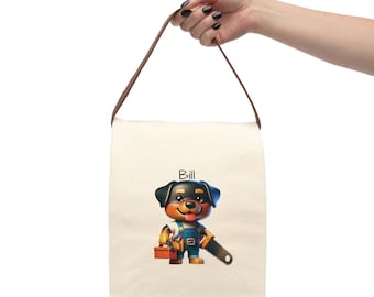 Personalized Men's Rottweiler Carpenter Holding a Saw Canvas Lunch Bag With Strap; Cool Lunch Sack; Brown Paper Bag; Father's Day GIft