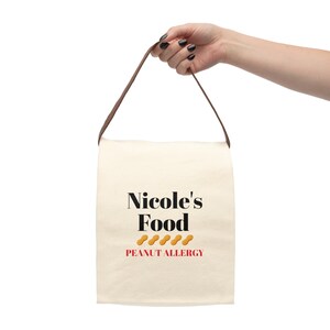PERSONALIZED FOOD ALLERGY Canvas Lunch Bag With Strap; Your Name with Food and Allergy On Lunch Sack, Tote, Brown Paper Bag
