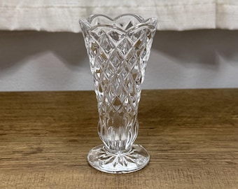 Vintage Bohemia Crystal Diamond Bud Vase Flared Scalloped Footed Glassware 4.5"