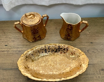 Vintage Holley Ross Weeping Gold Tea Set, 22K Gold Lidded Sugar Bowl Creamer Pitcher, Mid Century Porcelain Coffee Service Serving Tray