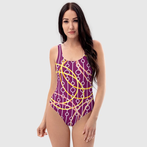 One-Piece Swimsuit,  Women's Chain Pattern Swimsuit, Eggplant Color Swimsuit, Beautiful Beach Dress, Tank Swimwear, Bathing Suit