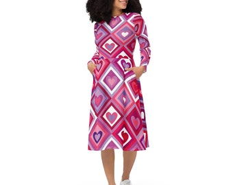 Vestido midi chique com corações geométricos e bolsos - estilo versátil para trabalho, viagens e uso diário