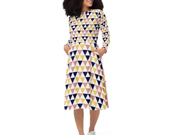 Geometric Pattern Midi Dress in Navy Blue, Amber, White, & Pink